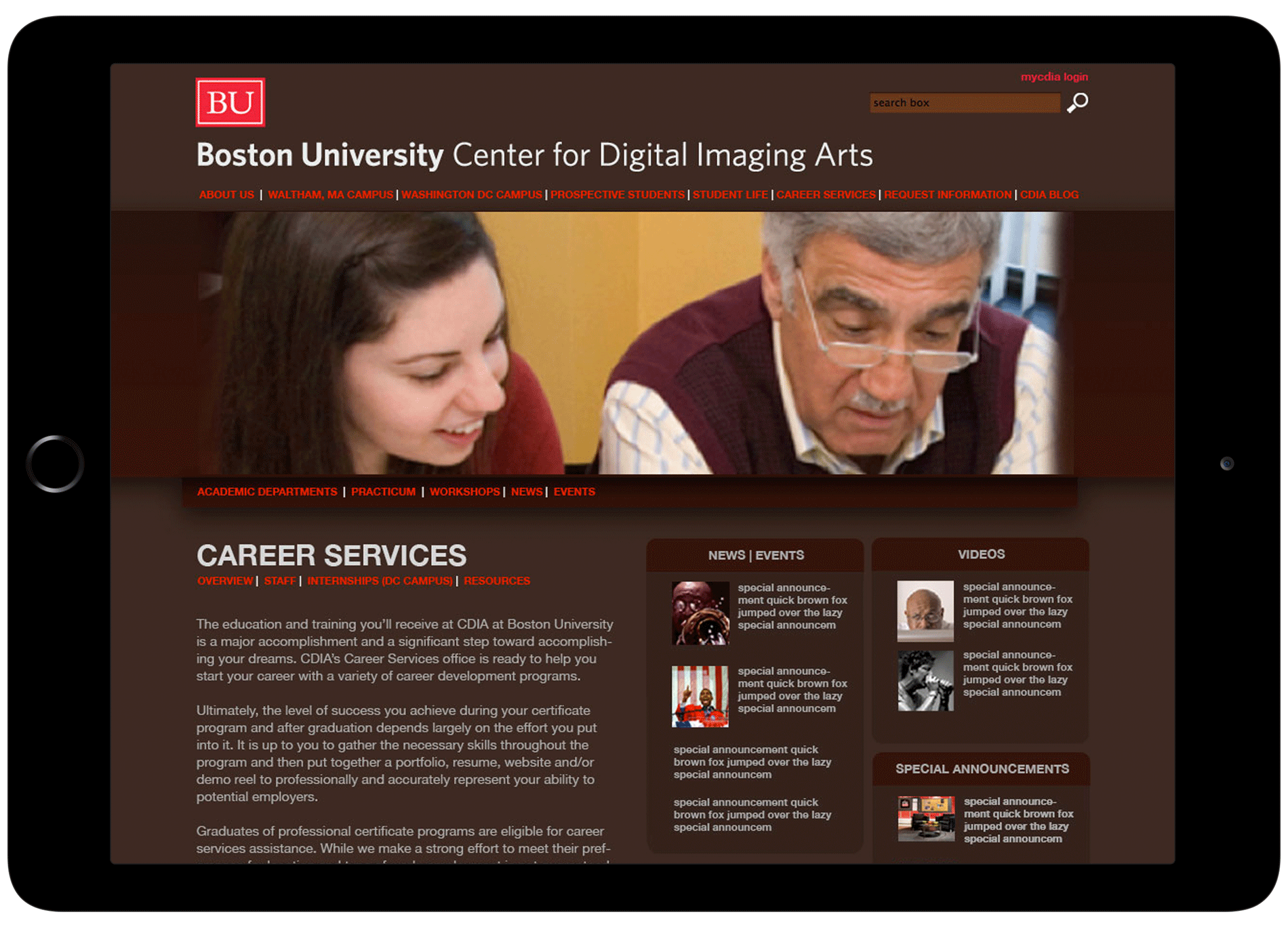 Boston University Center for Digital Imaging Arts web design design 4 image in ipad