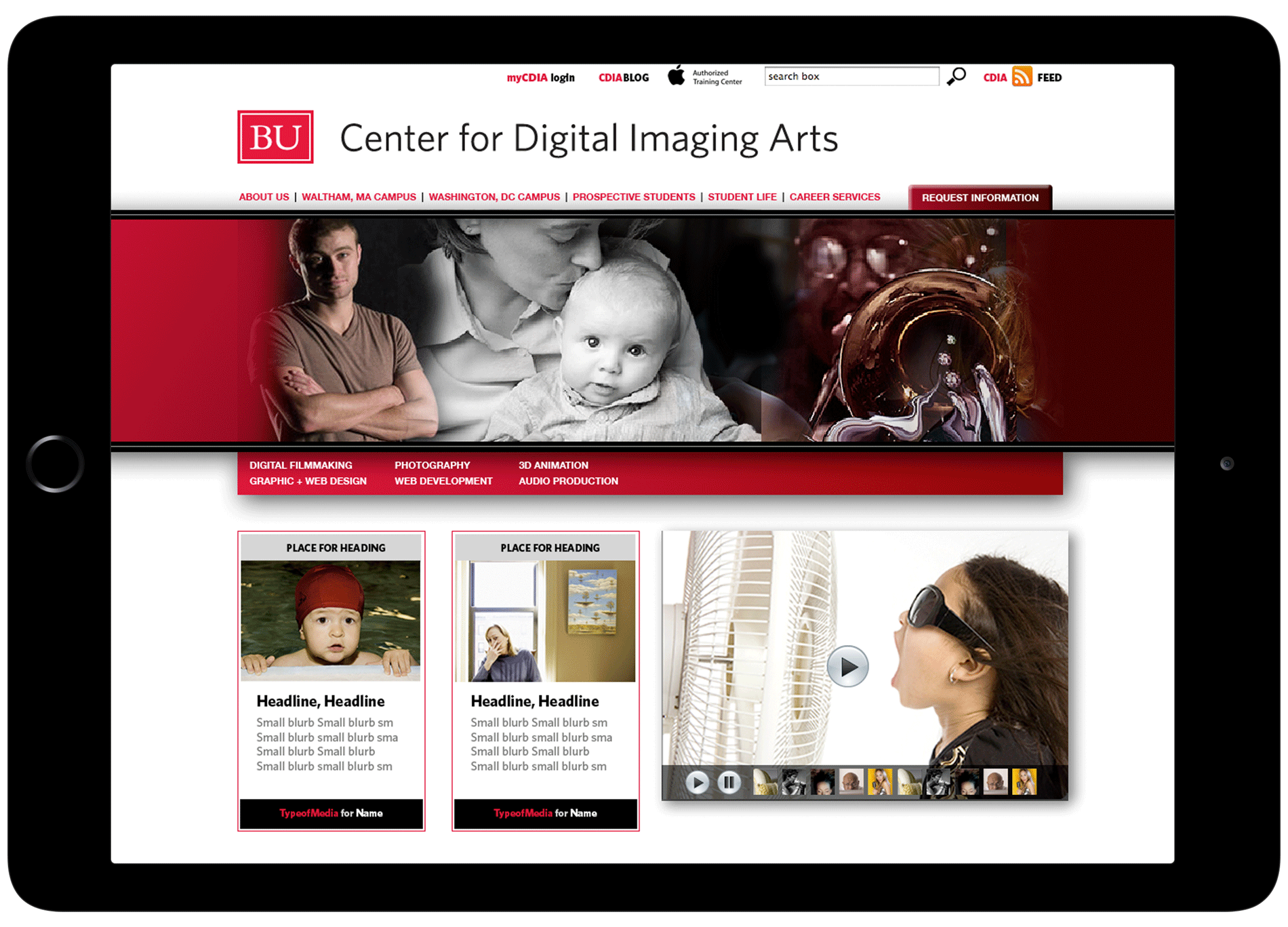 Boston University Center for Digital Imaging Arts web design final in ipad