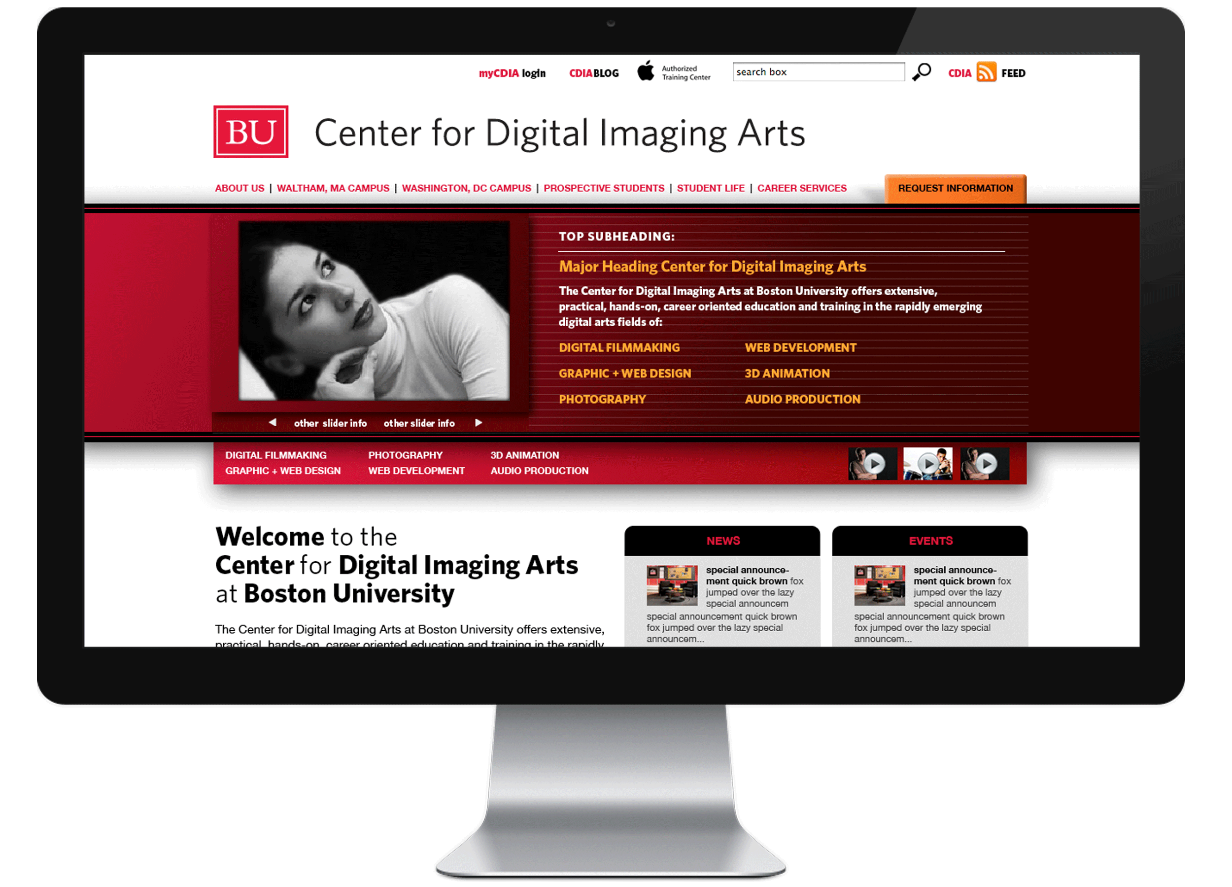 Boston University Center for Digital Imaging Arts web design final in monitor