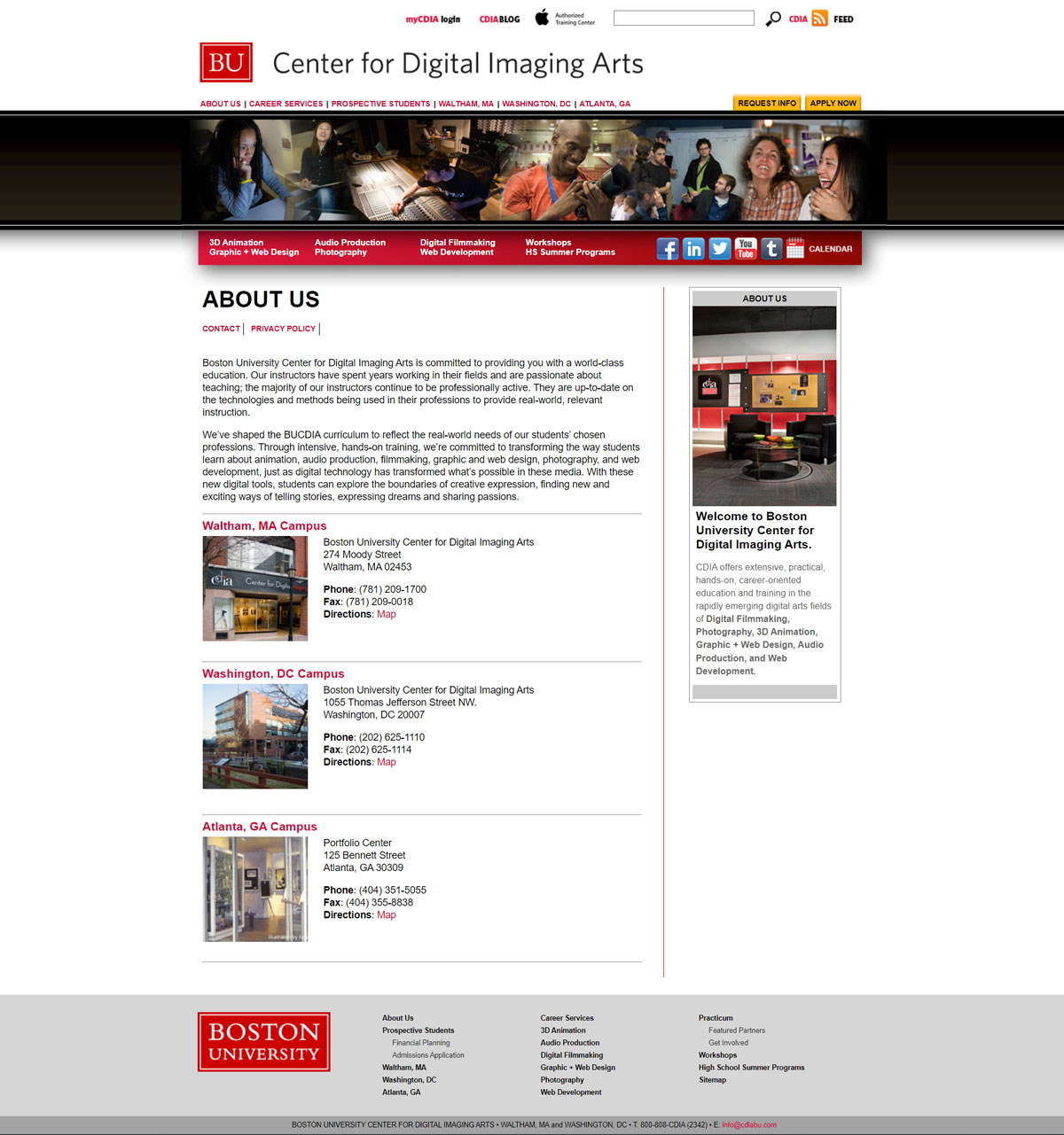 Boston University Center for Digital Imaging Arts web design about us page design at launch