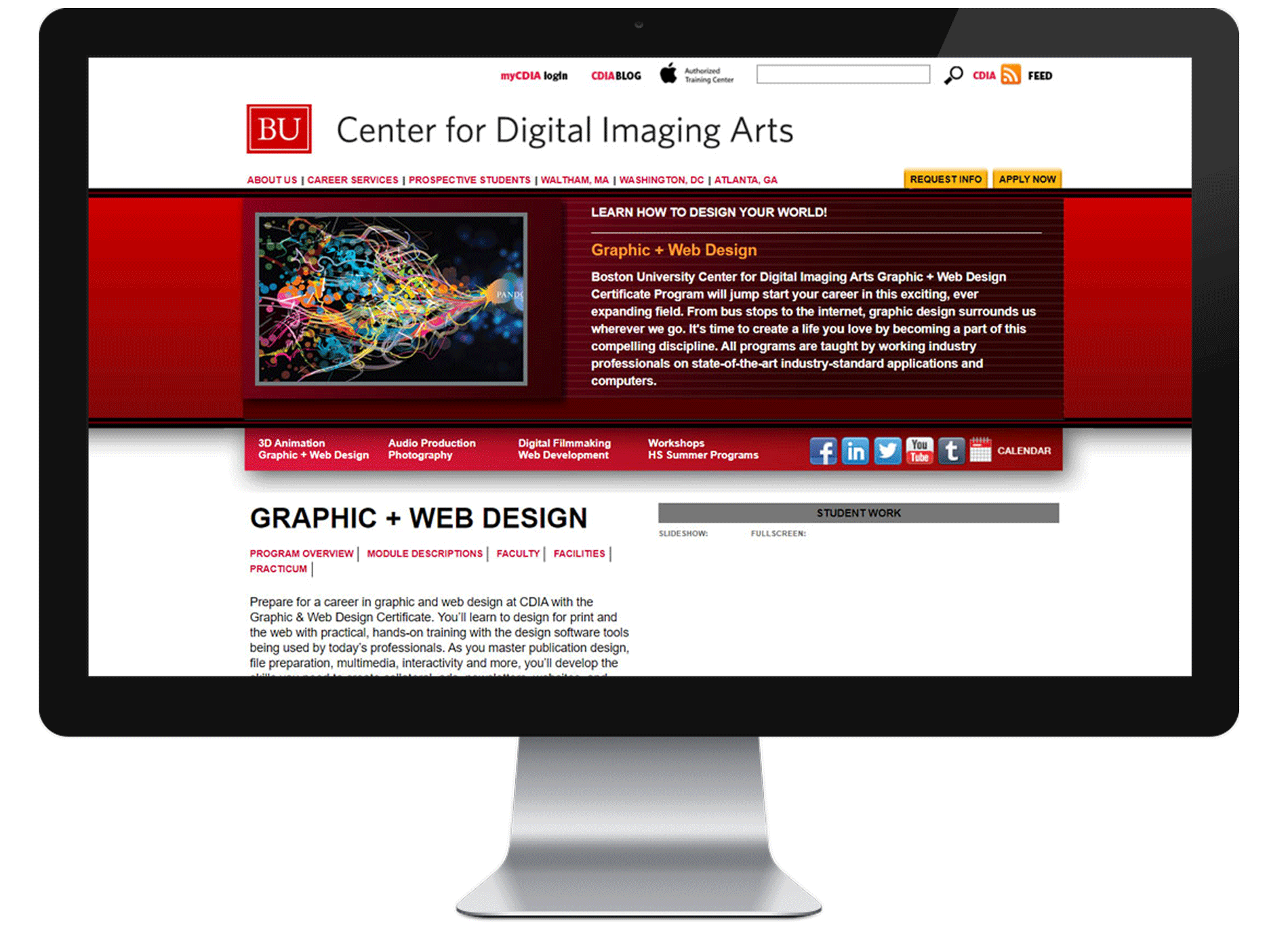 Boston University Center for Digital Imaging Arts final launch design department page on monitor