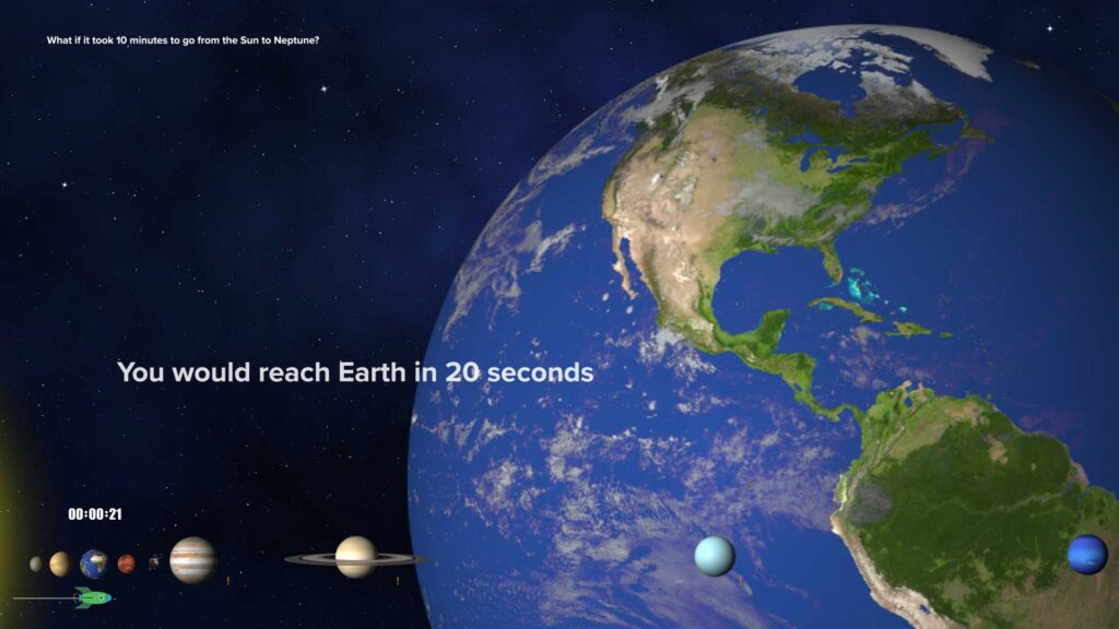 Screenshot of earth and text stating that it is 20 seconds from the sun.