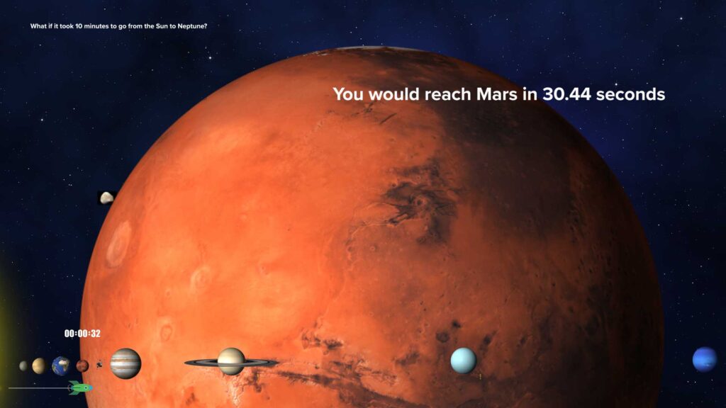 Screenshot of Mars and accompanying text stating that it is 30 seconds from the sun.