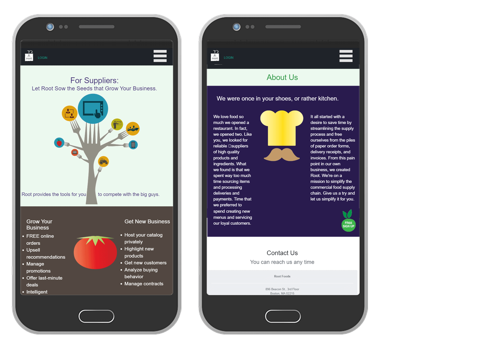 Root Foods front end development mobile layout